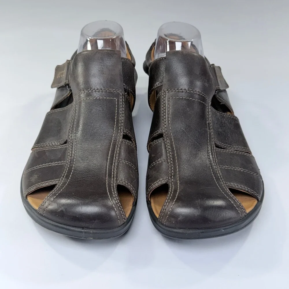 Ecco Fisherman Sandals Mens 45/11-11.5 Brown Leather Hook Loop Closed Toe Casual